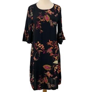 H&M Women's 3/4 Flared Sleeve Dress Black Multi Floral/Dragonflies Size 6‎